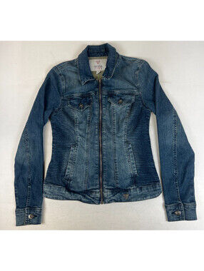 Guess Women S Blue Cotton Blend Denim Full Zip Moto Jacket Fitted Outerwear